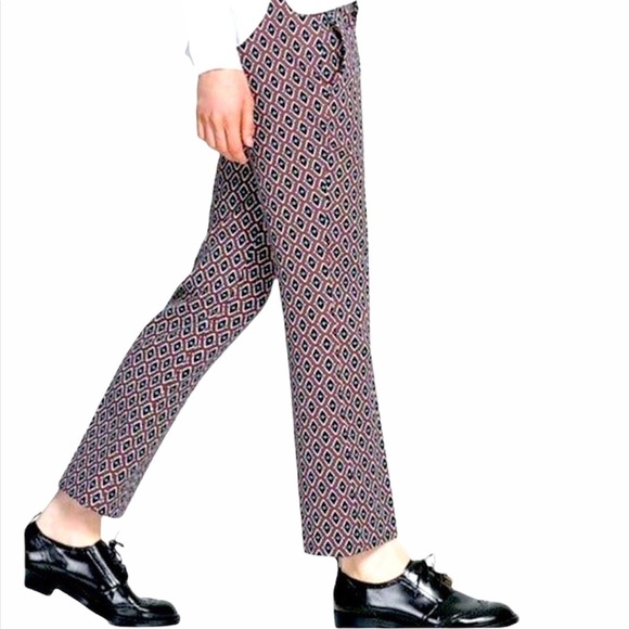 ZARA 70’s Retro Burgundy Geometric Print Flared Trouser Pants Size Medium - Picture 2 of 13